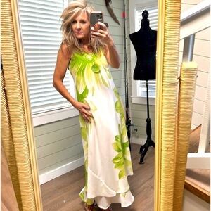 💚A's Fashions,(USA)Statement Floral Shoulder-Tie,Double -Tiered Dress, Size L
